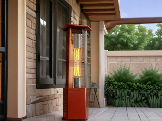 A patio heater at a cozy outdoor patio